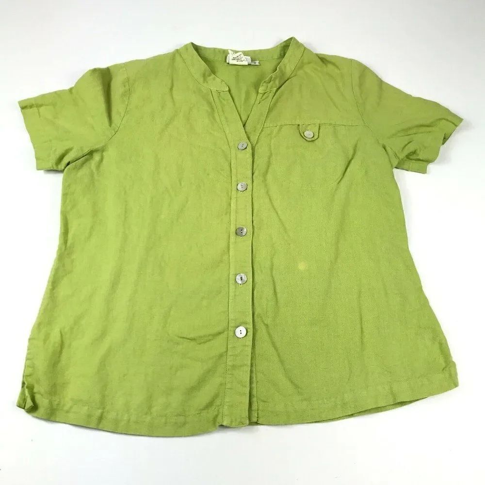 Hot Cotton Button Up Shirt Linen Blend Blouse Short Sleeve Womens Size S Small